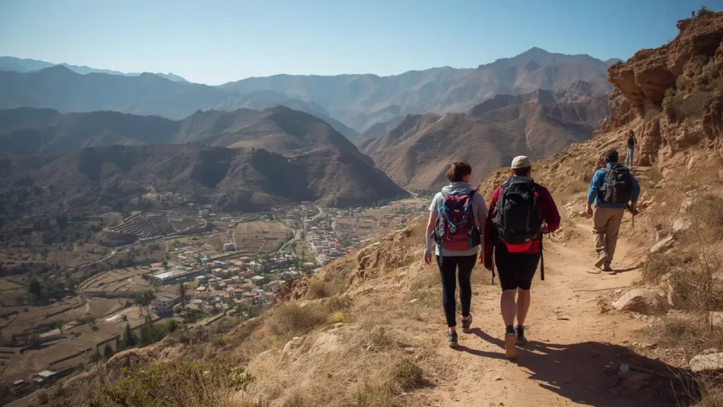 Tourists walking on a dirt path above a village in the Atlas Mountains