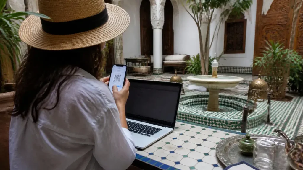 Traveler in a Moroccan riad scanning a QR code to activate an eSIM