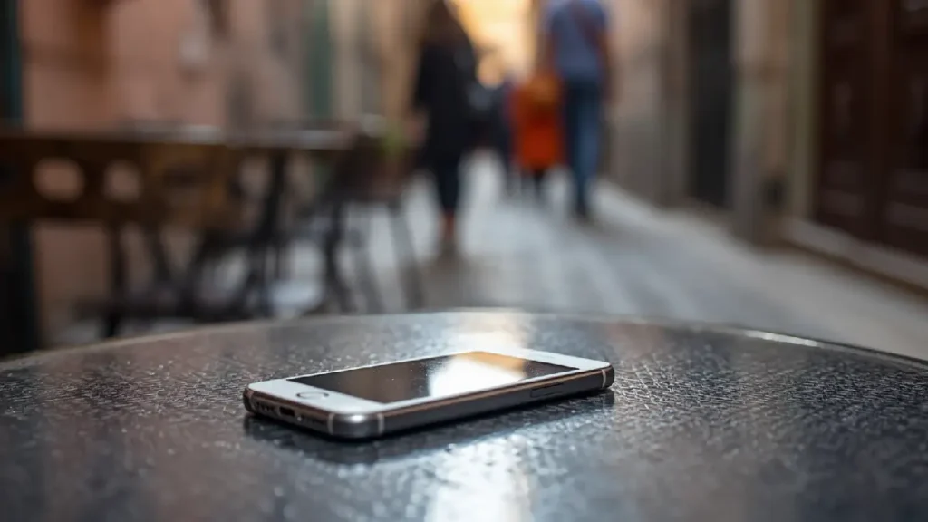 Smartphone left unattended on a café table in a Moroccan medina