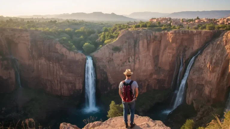 Traveler standing at a viewpoint overlooking Ouzoud Falls on a day trip from Marrakech