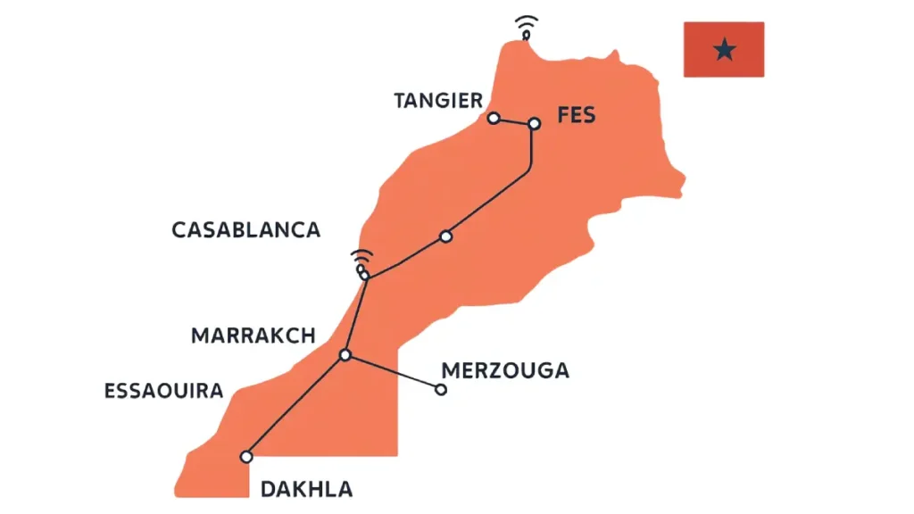 Simple map of Morocco showing major cities connected with mobile signal icons