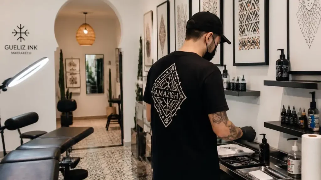 Modern tattoo studio in Marrakech blending Amazigh designs with contemporary art