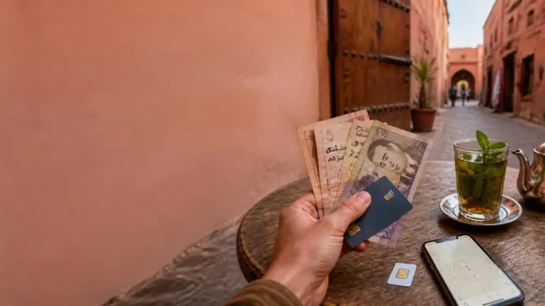 Moroccan Dirham cash, bank card, phone and SIM card on a café table in Marrakech