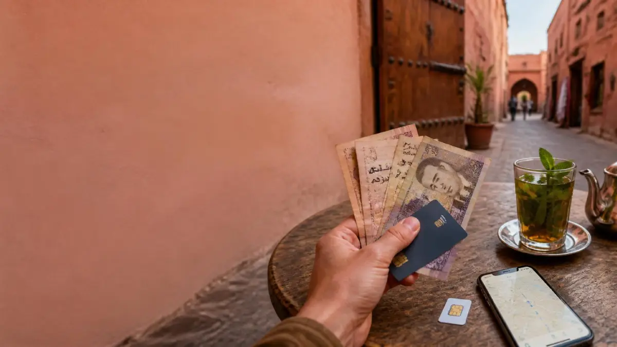 Moroccan Dirham cash, bank card, phone and SIM card on a café table in Marrakech
