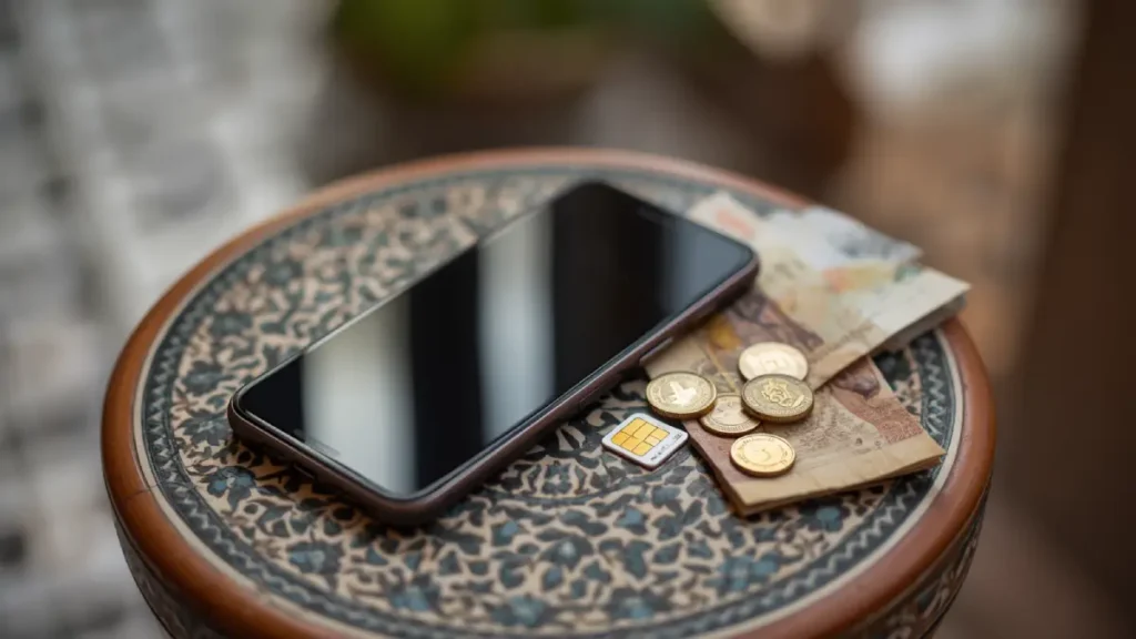 Smartphone, Morocco SIM card and Moroccan dirham notes and coins on a traditional tiled table