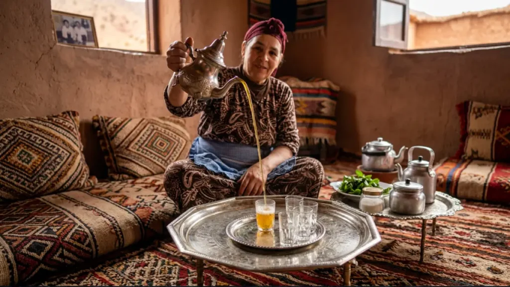 Moroccan tea being poured in a Berber house in the Atlas Mountains