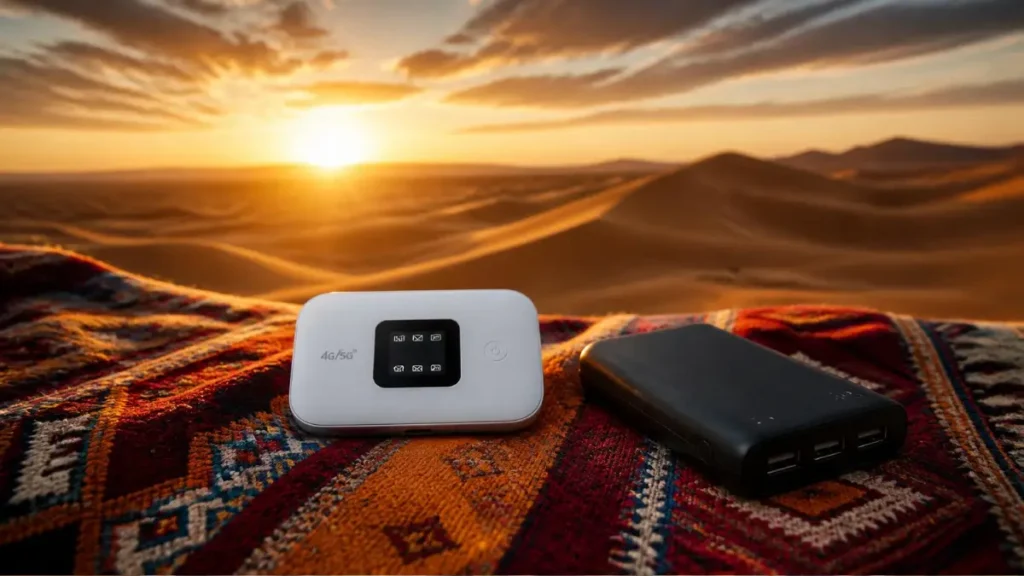 Travel router and power bank in the Sahara desert Morocco