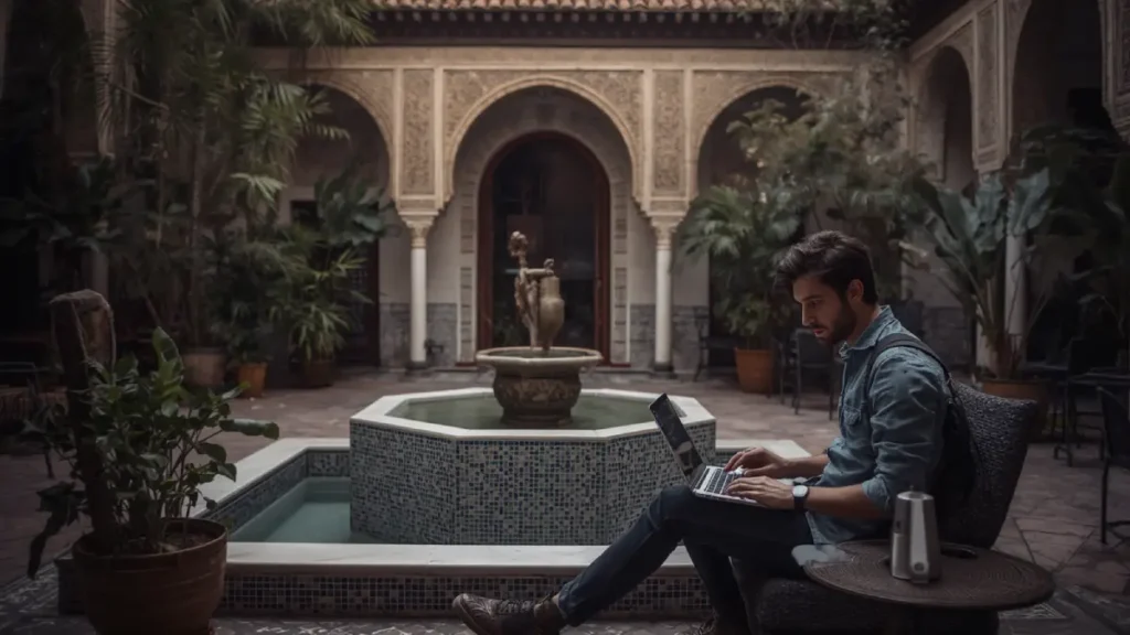 Traveler using a laptop and phone in a traditional Moroccan riad courtyard