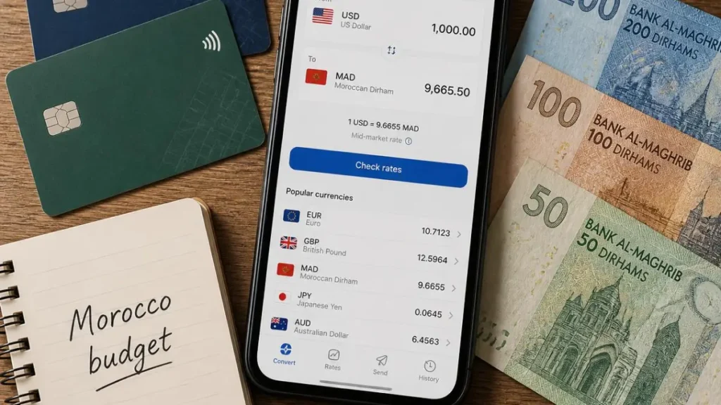 Travel bank cards, phone with currency app and Moroccan Dirham cash on a table