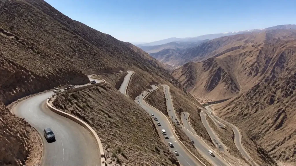 Serpentine road of the Tizi n’Tichka pass winding through the Atlas Mountains morocco map