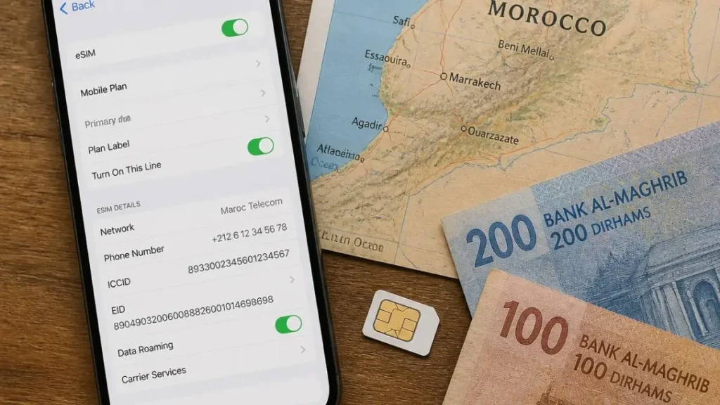 Phone with eSIM settings next to a physical SIM card and Moroccan money