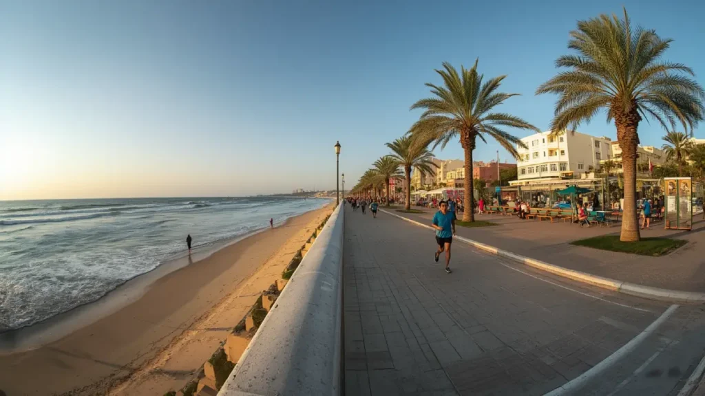 People walking along the Corniche at Ain Diab in Casablanca by the Atlantic