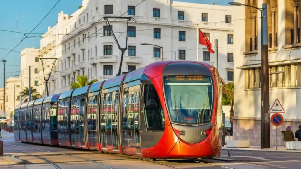 Art Deco buildings and tram on Boulevard Mohammed V in Casablanca
