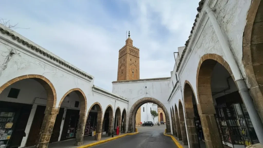 Arched street in Habous Quarter Casablanca near Bennis pastry shop. Casablanca travel guide.