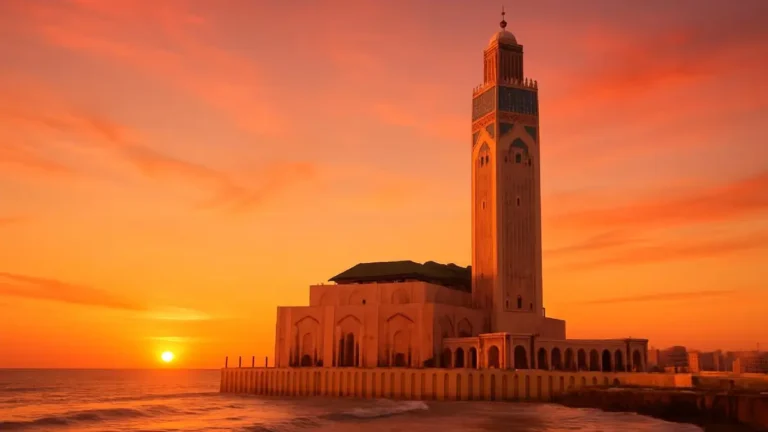 Hassan II Mosque in Casablanca at sunset overlooking the Atlantic Ocean