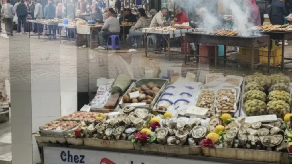 Fresh fish being grilled at a small seafood stall near Marché Central in Casablanca