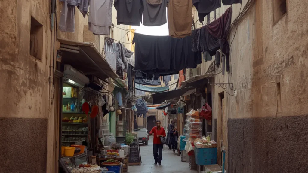 Narrow street in Casablanca Old Medina with shops and laundry hanging