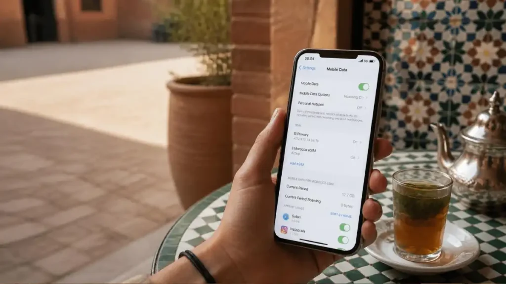 Traveler managing eSIM settings on a smartphone at a café in Marrakech