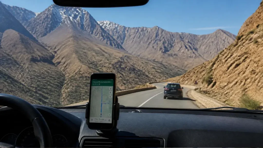 Navigation on a phone in a car driving through the Atlas Mountains in Morocco