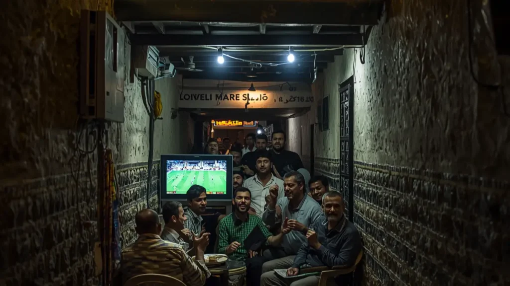 Small traditional café in Fes medina packed with men watching football