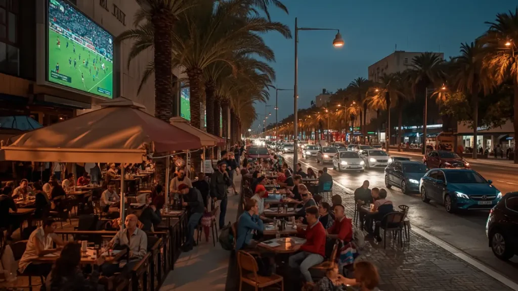 Open-air café terraces in Ville Nouvelle Fes with people watching football
