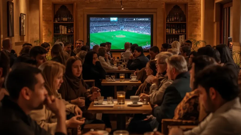 Modern café in Gueliz Marrakech with people watching football on a big screen. where to watch football in Marrakech and Fes during the 2026 World Cup.