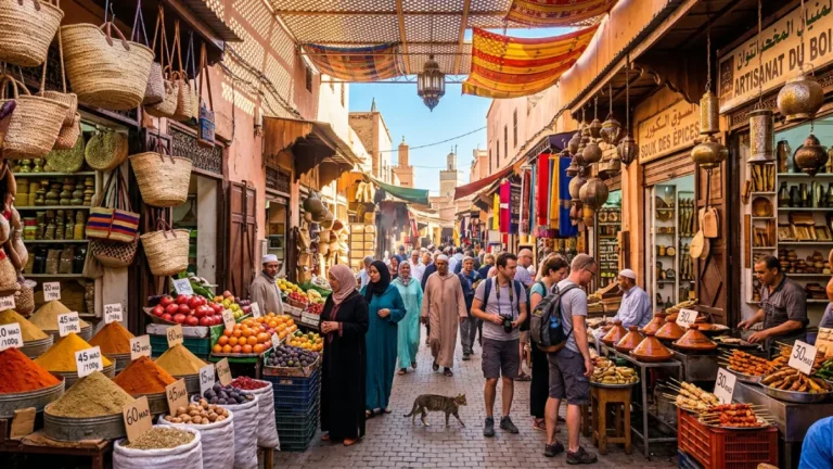 Tourists and locals in a Marrakech market looking at prices in 2026