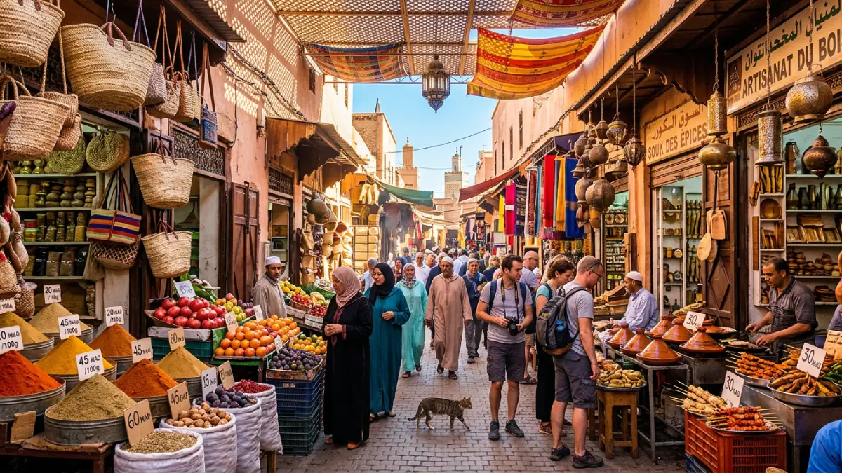 Tourists and locals in a Marrakech market looking at prices in 2026