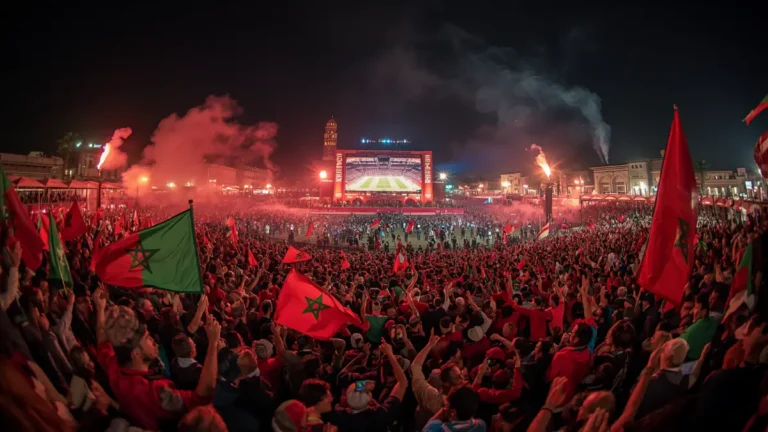 Jemaa el-Fna square in Marrakech at night with crowds watching a football match on a big screen