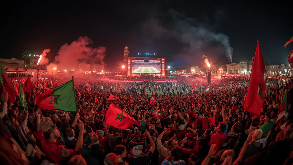 Jemaa el-Fna square in Marrakech at night with crowds watching a football match on a big screen