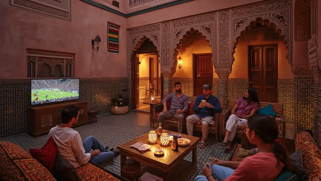 Guests watching football in a quiet riad courtyard in Marrakech