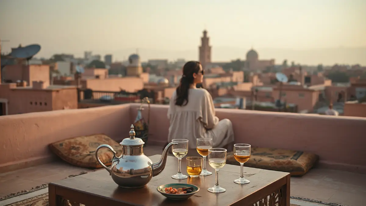 View over Marrakech Medina with the Atlas Mountains in the distance