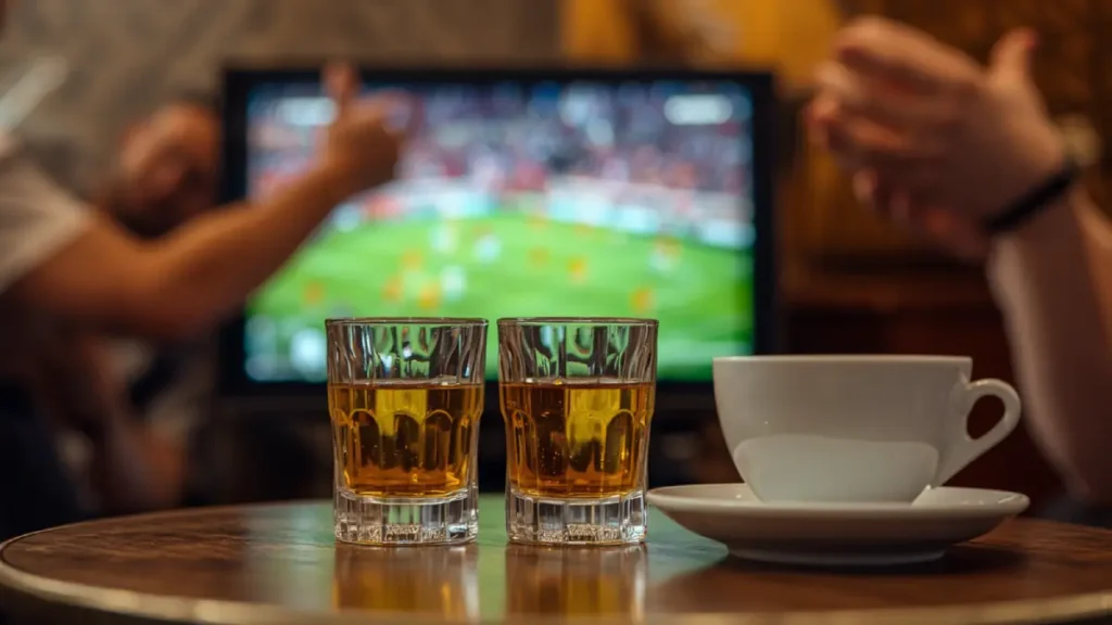 Close-up of Moroccan café table with mint tea and football on TV in background