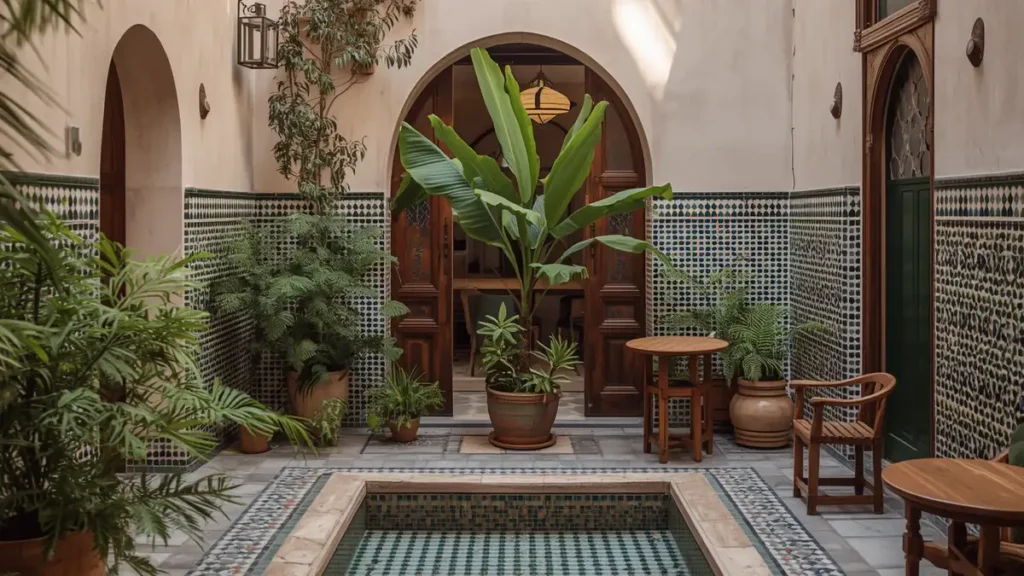 Mid-range riad courtyard in Morocco with pool and seating  