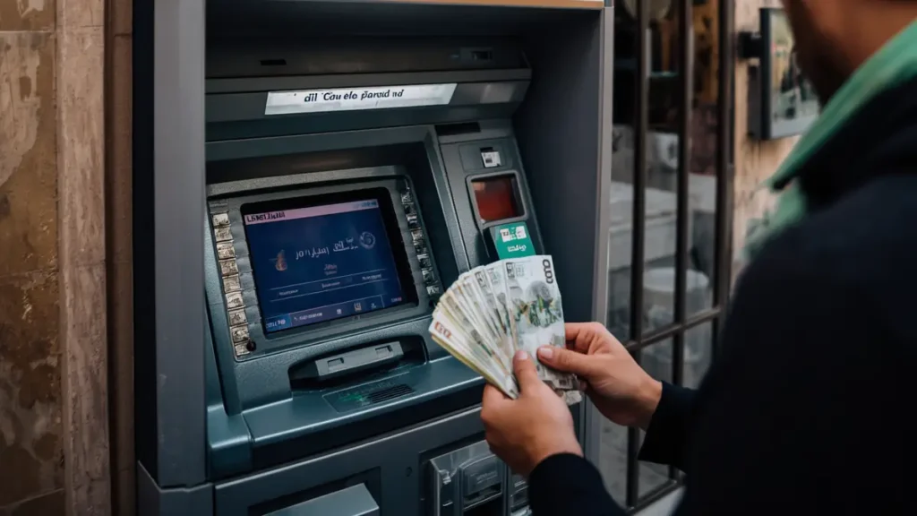 Tourist withdrawing Moroccan dirhams from ATM