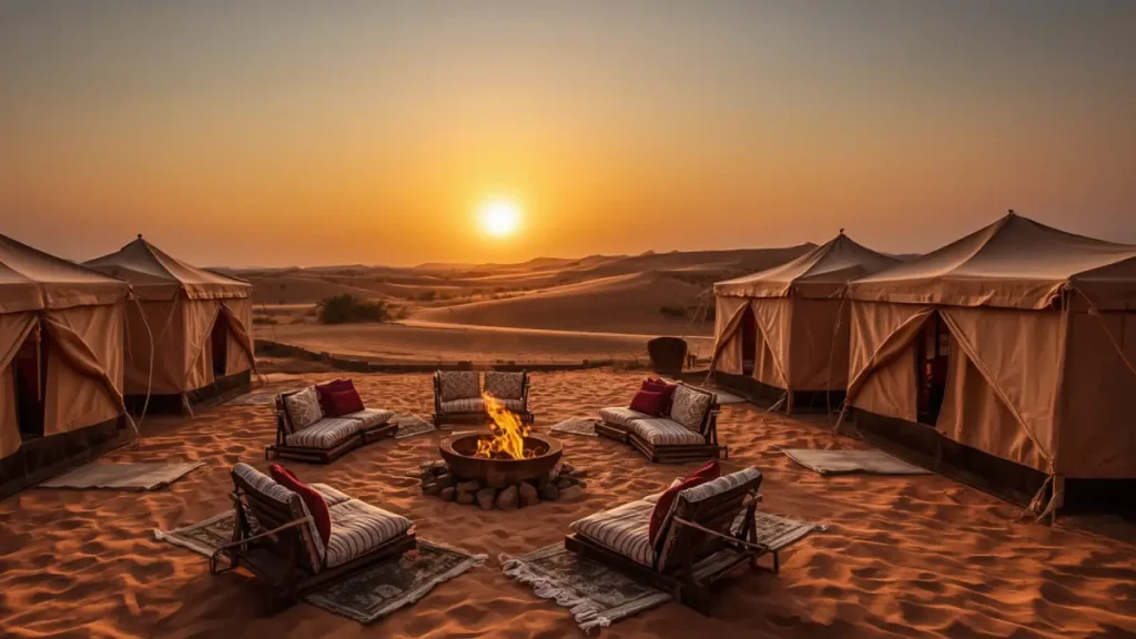 Sahara desert camp in Morocco with tents and sunset