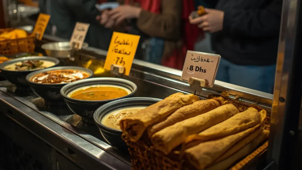 Cheap Moroccan street food harira soup and msemen with prices 