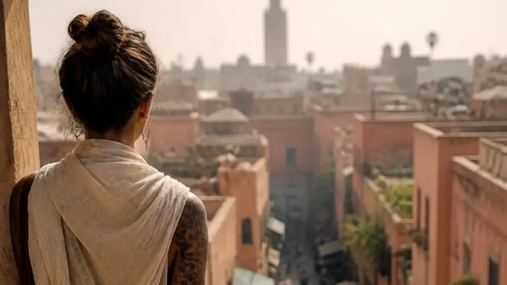Tattooed traveler using a light scarf to cover tattoos in a Moroccan medina