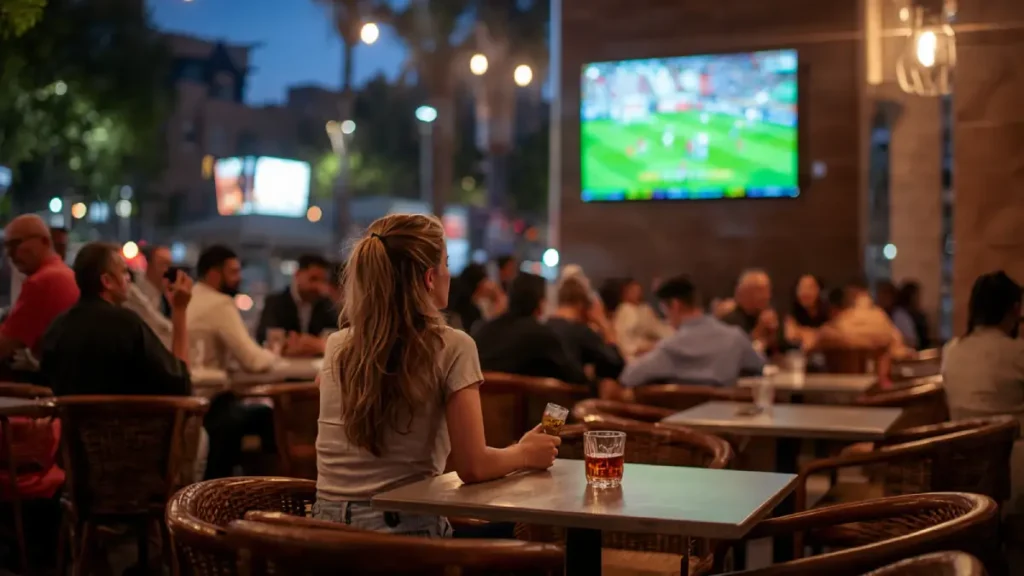 Solo female traveler watching football in a modern café in Gueliz Marrakech
