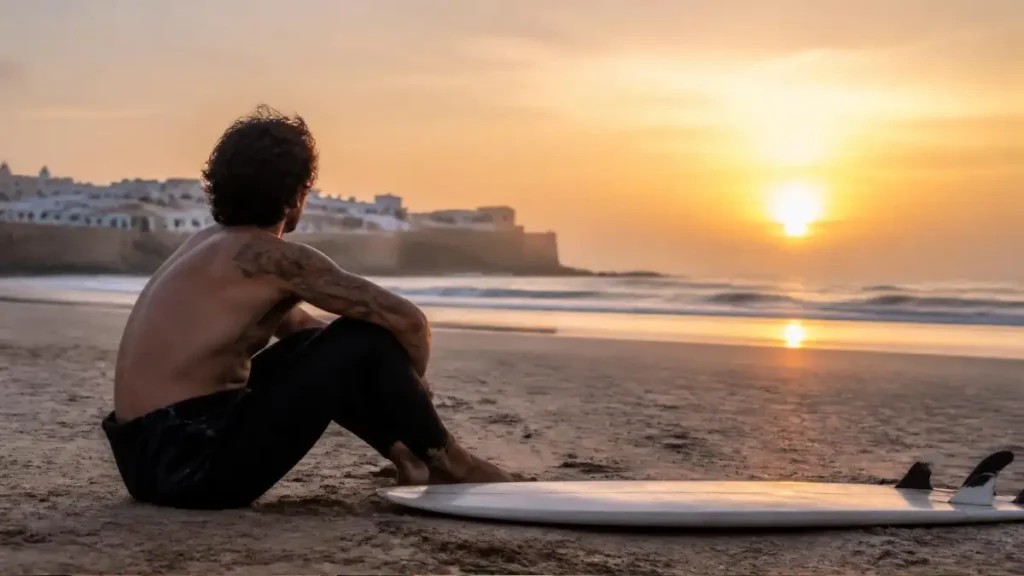 Tattooed surfer relaxing on Essaouira beach at sunset