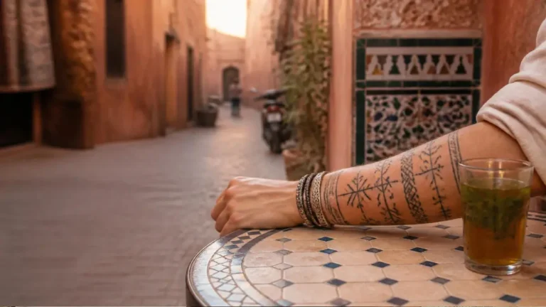 Tattooed traveler’s arm and mint tea on a Moroccan café table in Marrakech