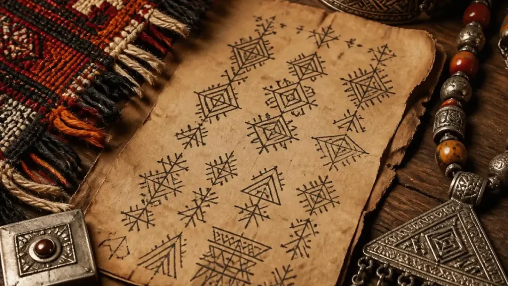 Traditional Amazigh tattoo patterns drawn on paper beside Berber jewellery
