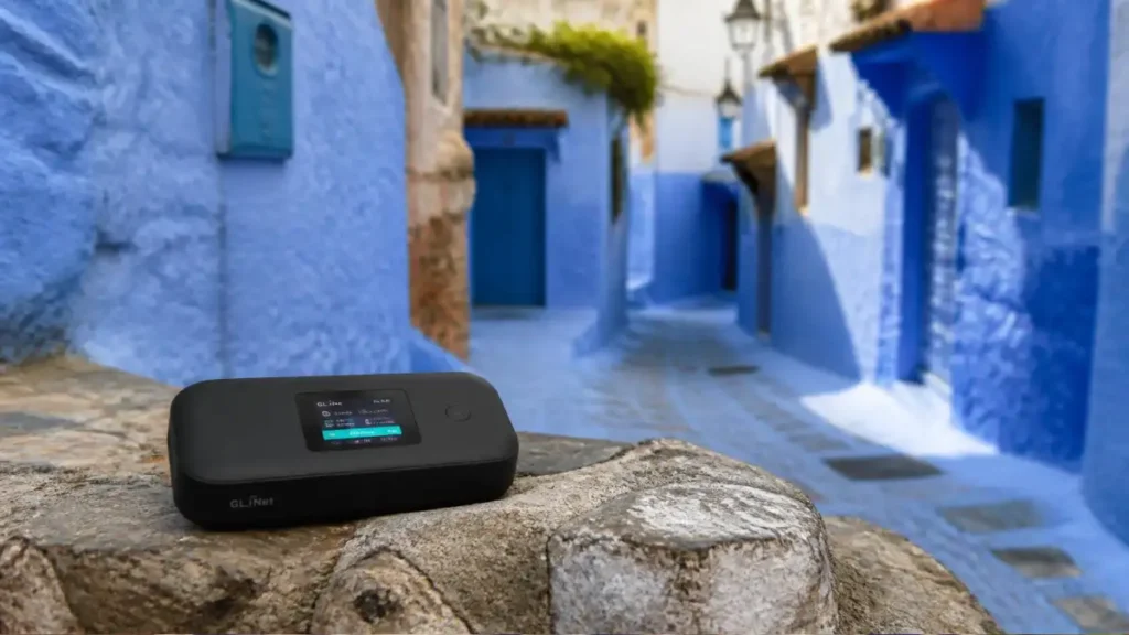 Portable Wi-Fi router on a wall in Chefchaouen Morocco