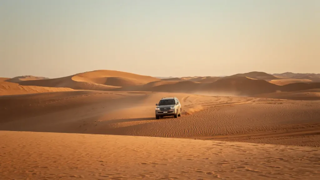 4x4 vehicle driving on Sahara dunes near Erg Chigaga in Morocco