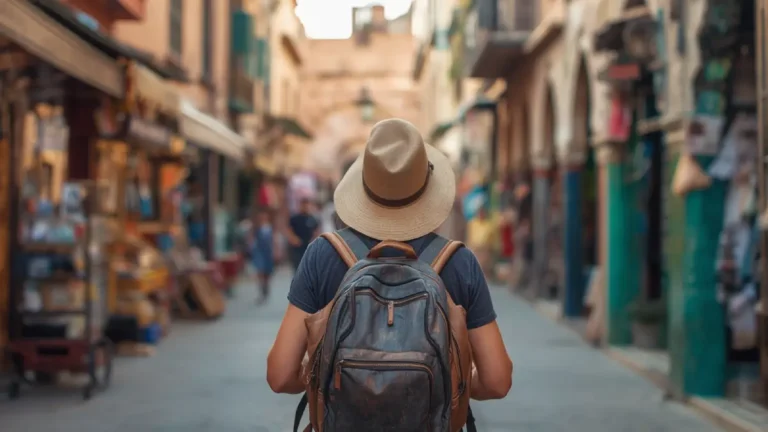 Tourist walking through a street in the Marrakech medina in Morocco