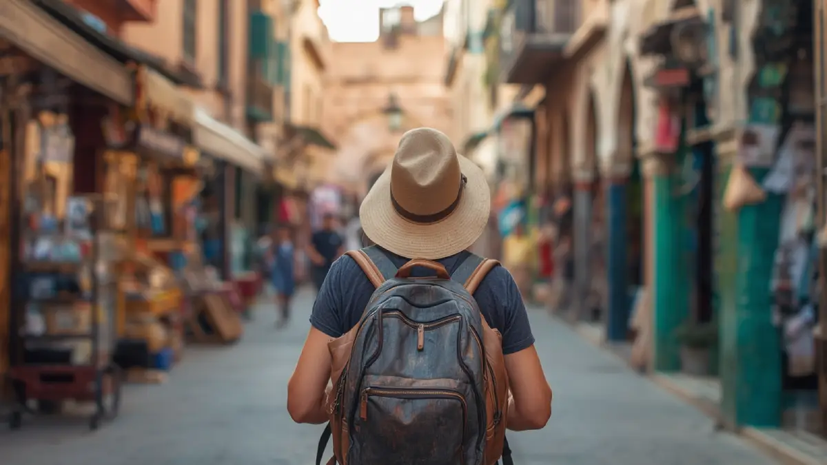 Tourist walking through a street in the Marrakech medina in Morocco
