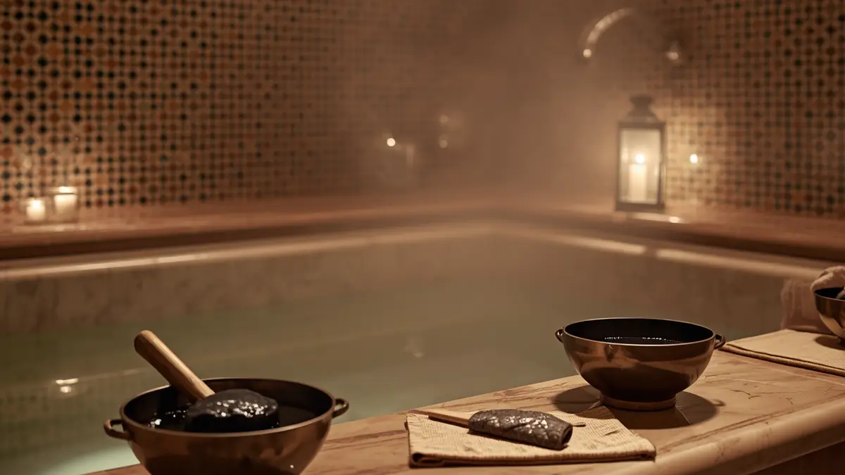 Traditional Moroccan hammam in Marrakech with zellige tiles and steam