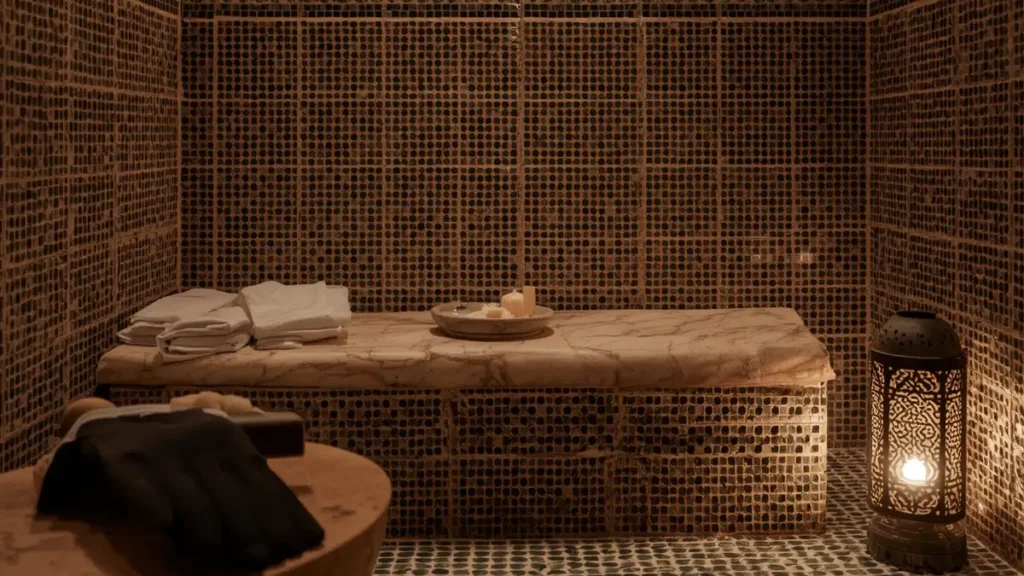 Boutique riad hammam in Marrakech with Moroccan tiles and spa supplies