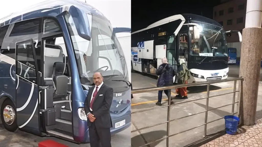 Intercity bus at a Moroccan bus station for the route from Casablanca to Marrakech