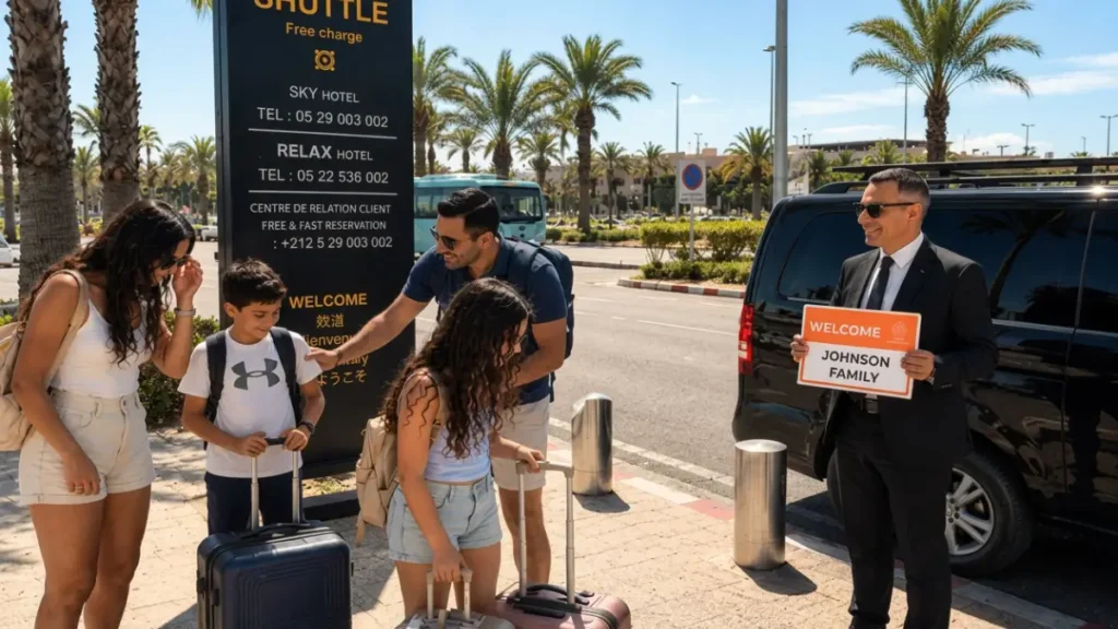 Traveler with luggage outside Casablanca airport getting into a car to go to Marrakech. how to get from Casablanca to Marrakech